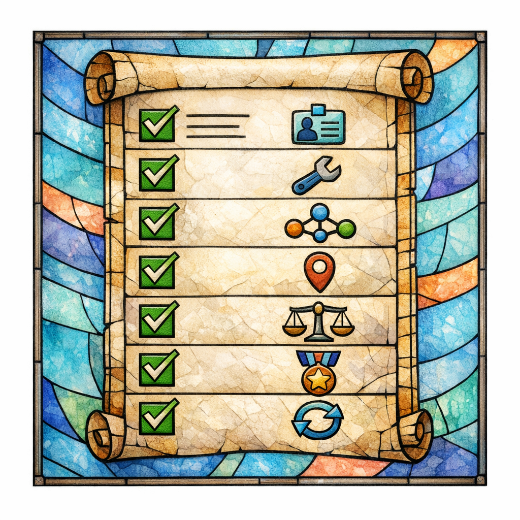 A stained-glass checklist summarizes the execution order from inventory to upgrades to proof and refreshes.