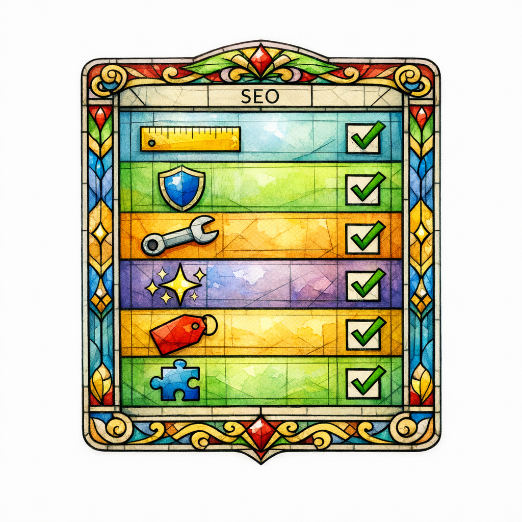 A stained-glass checklist turns research questions into a clear path to the right product choice.