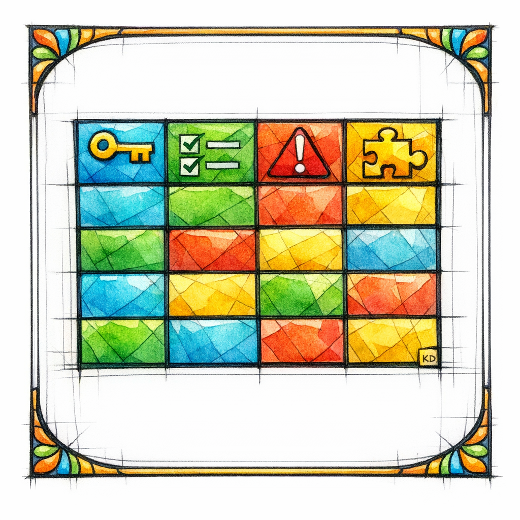 A stained-glass table shows rich attributes like steps, limits, and examples instead of simple names.