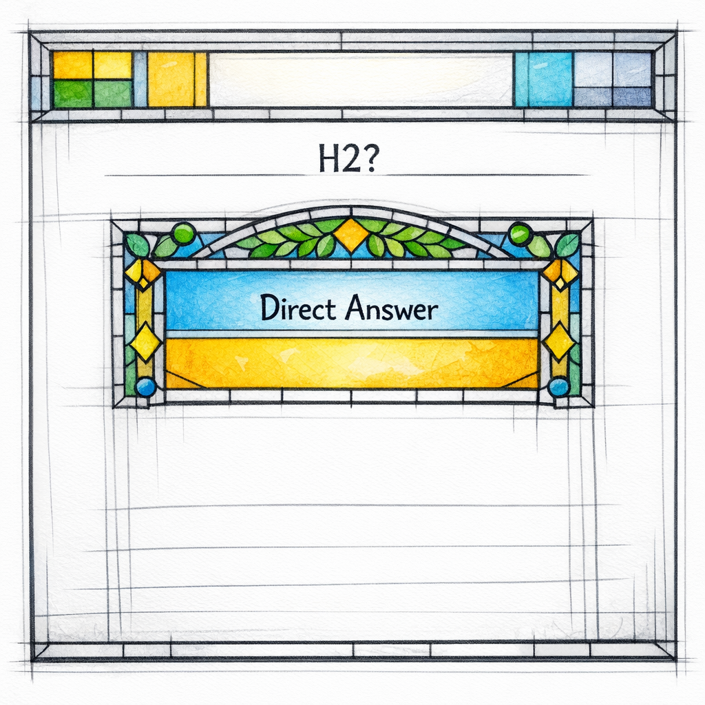 A webpage sketch highlights a top-of-page direct answer box framed like stained glass.