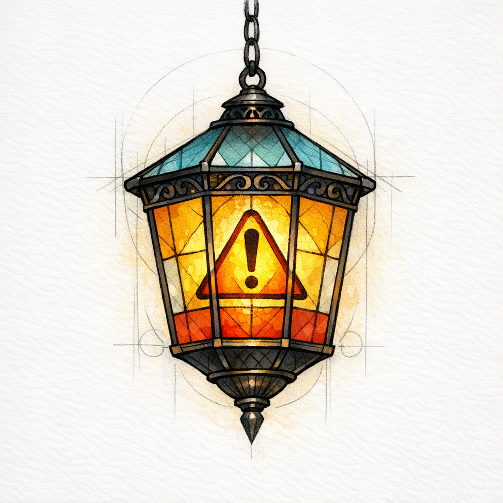 A stained-glass lantern with a caution halo signals high-stakes healthcare content and the need for care.
