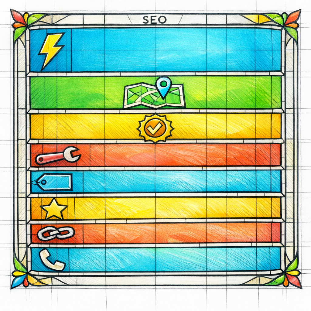 A stained-glass wireframe shows a page structure that answers intent before adding proof and FAQs.