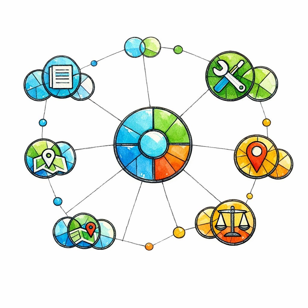 Keyword bubbles form stained-glass clusters around a central hub, showing intent-based grouping.