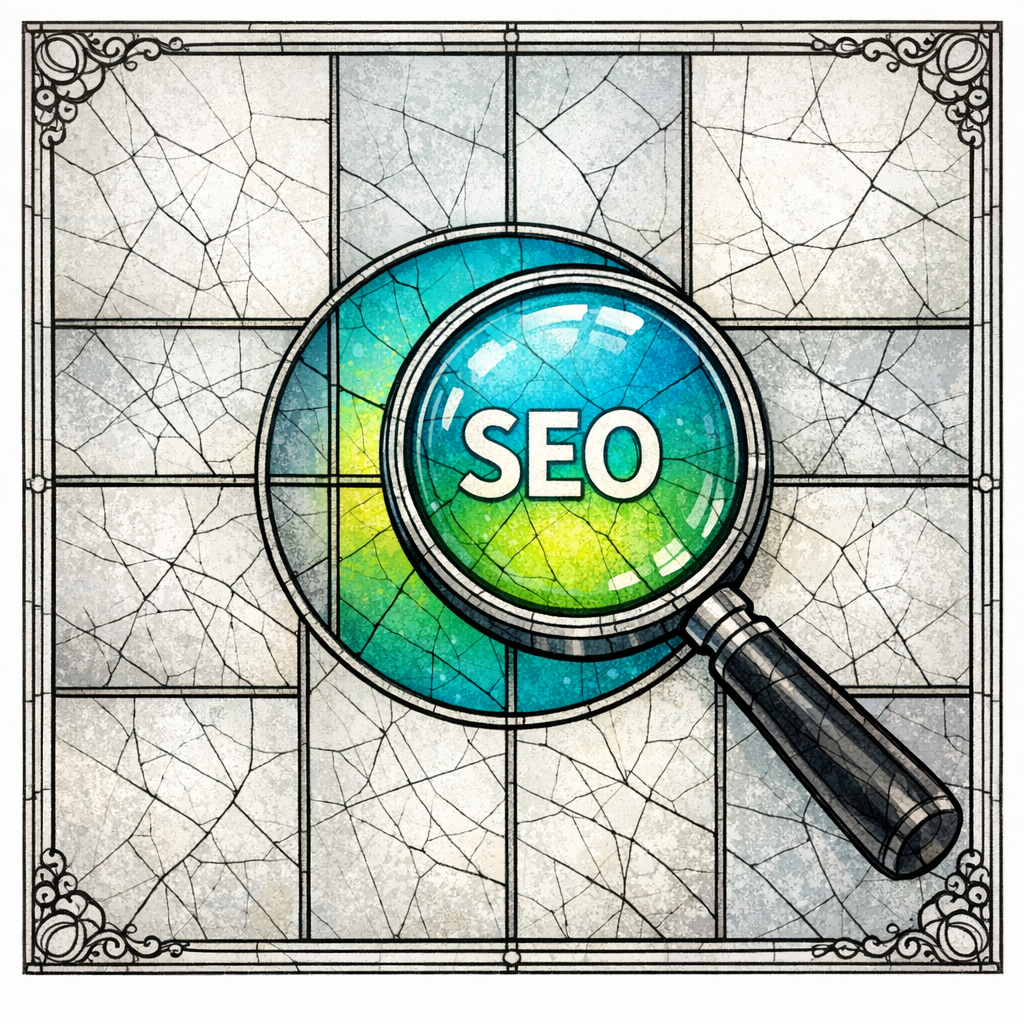 A stained glass magnifying glass isolates one glowing pane while nearby panes fade, showing single intent focus.