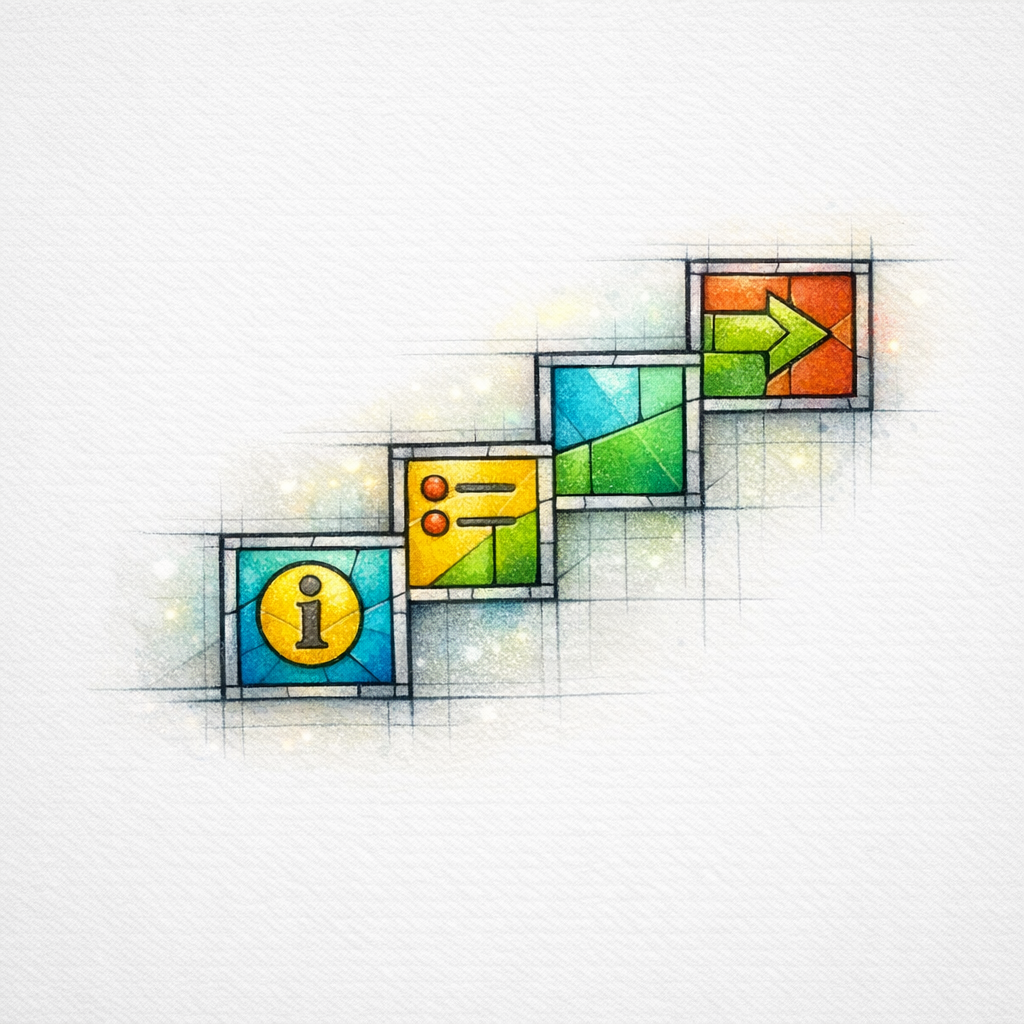 A stained-glass staircase illustrates revealing eligibility info step by step without stopping momentum.