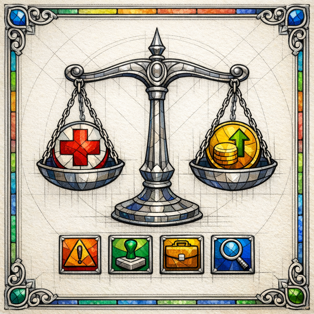 A stained-glass scale balances clinical risk and business value, showing how to prioritize refresh targets.