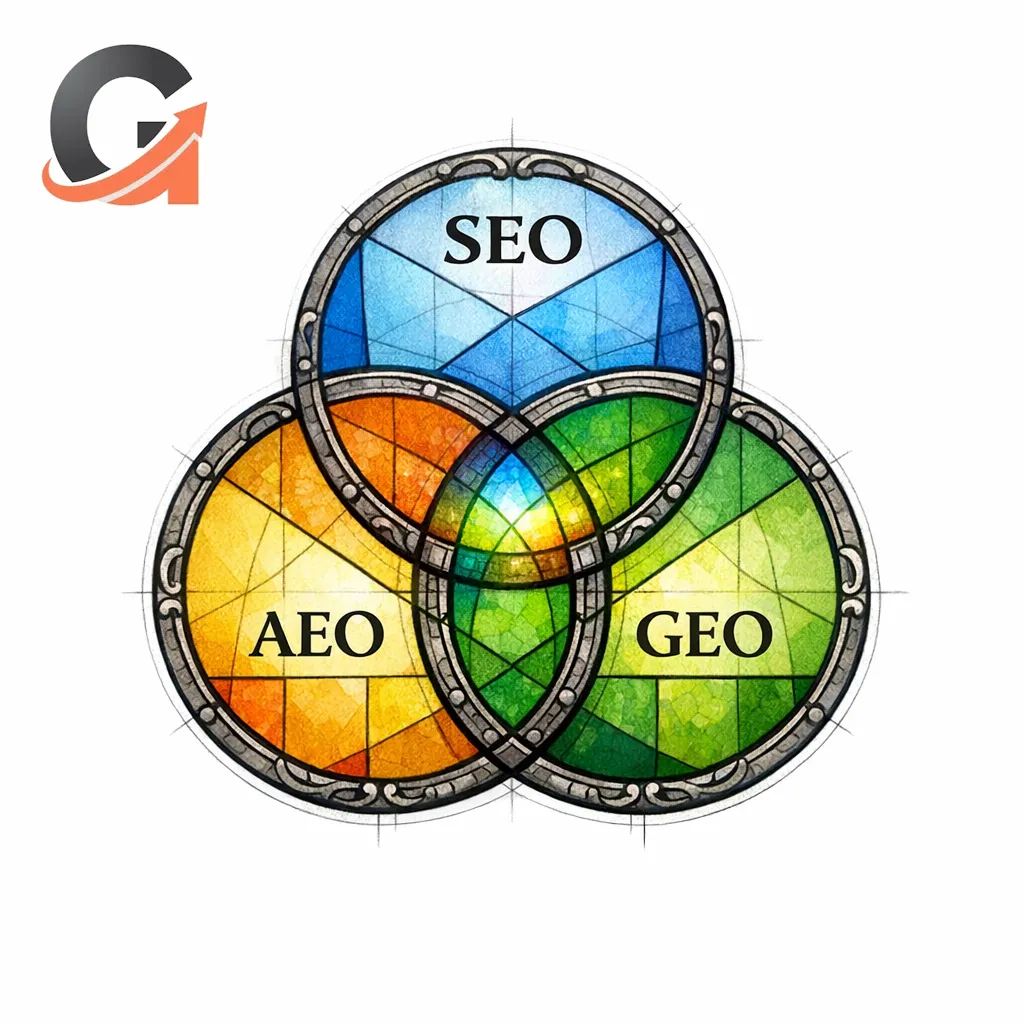 A stained-glass Venn diagram shows overlap between SEO, AEO, and GEO with a bright center.