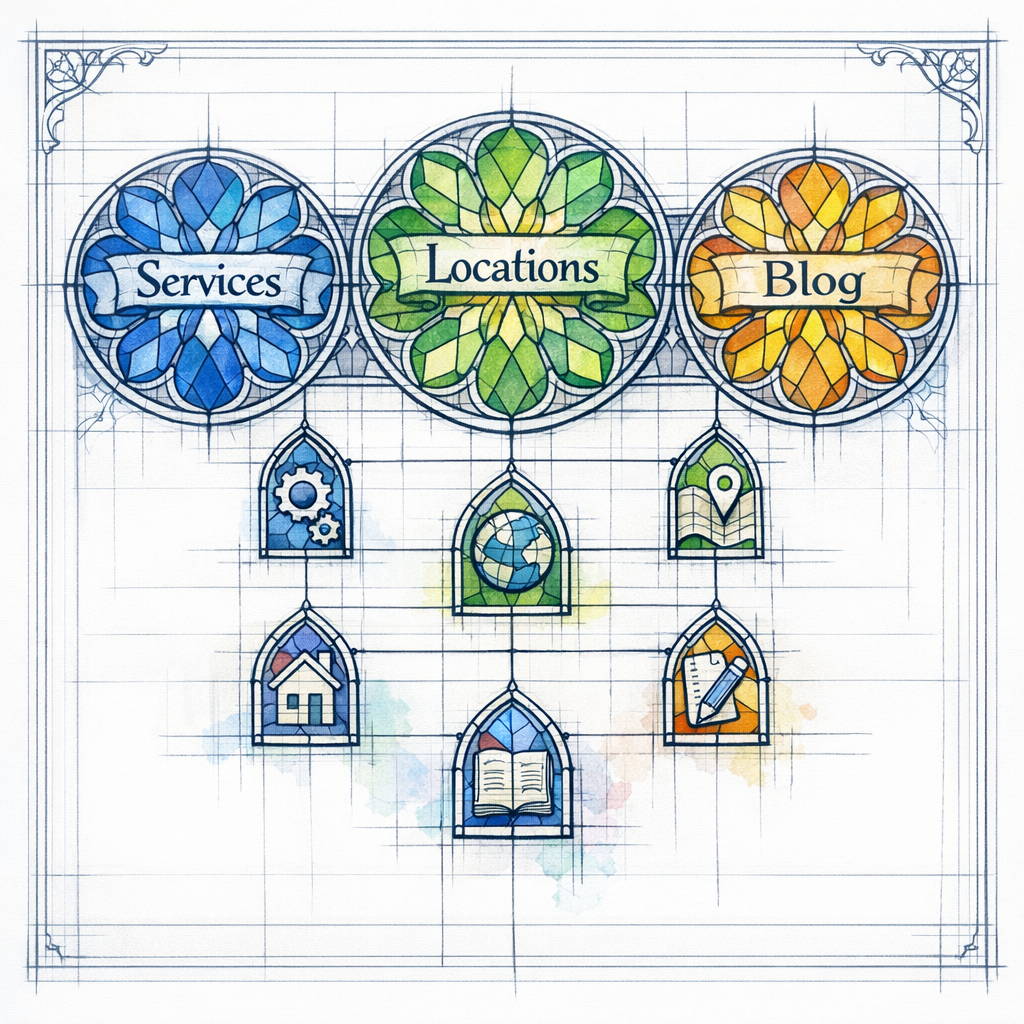 A stained-glass cathedral layout shows hubs for services, locations, and blog with tidy internal links.