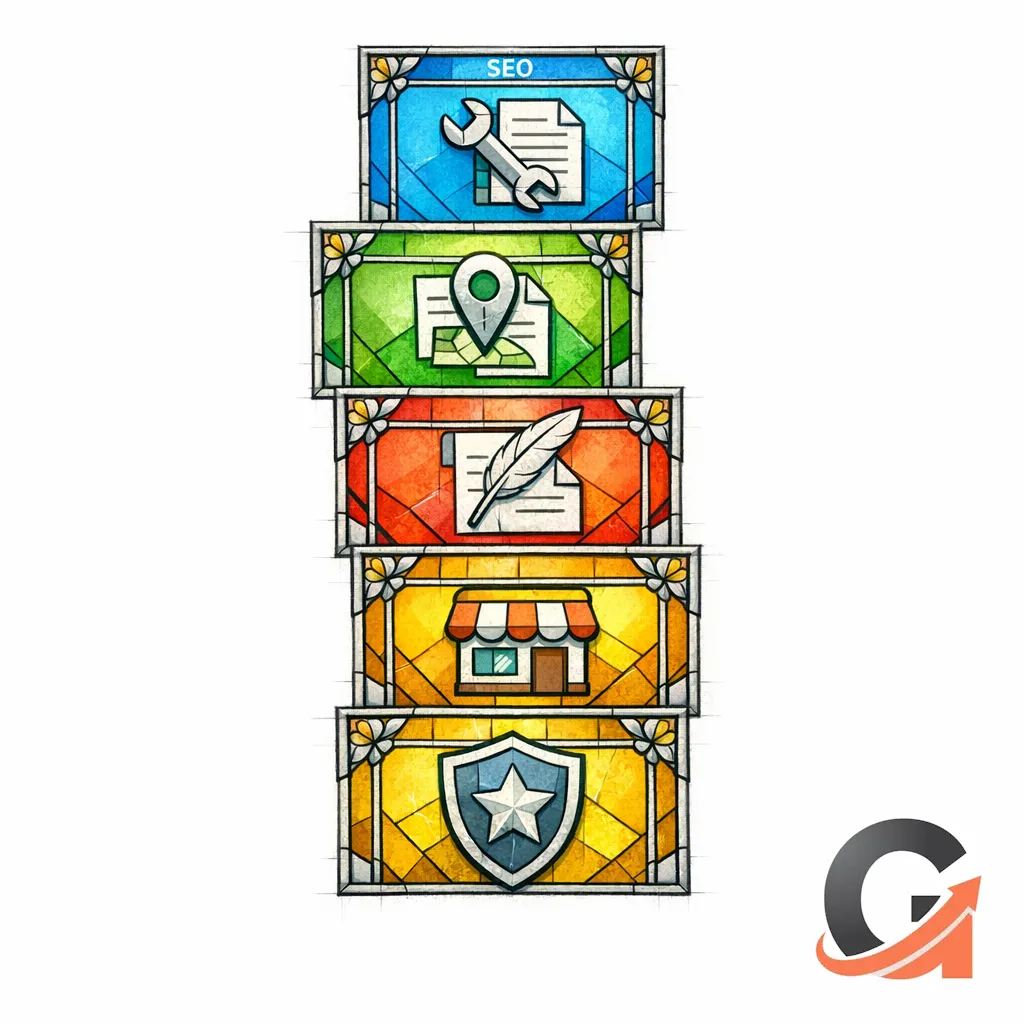 Five stained-glass tiles stack like steps, showing service pages, location pages, articles, profile posts, and trust proof.