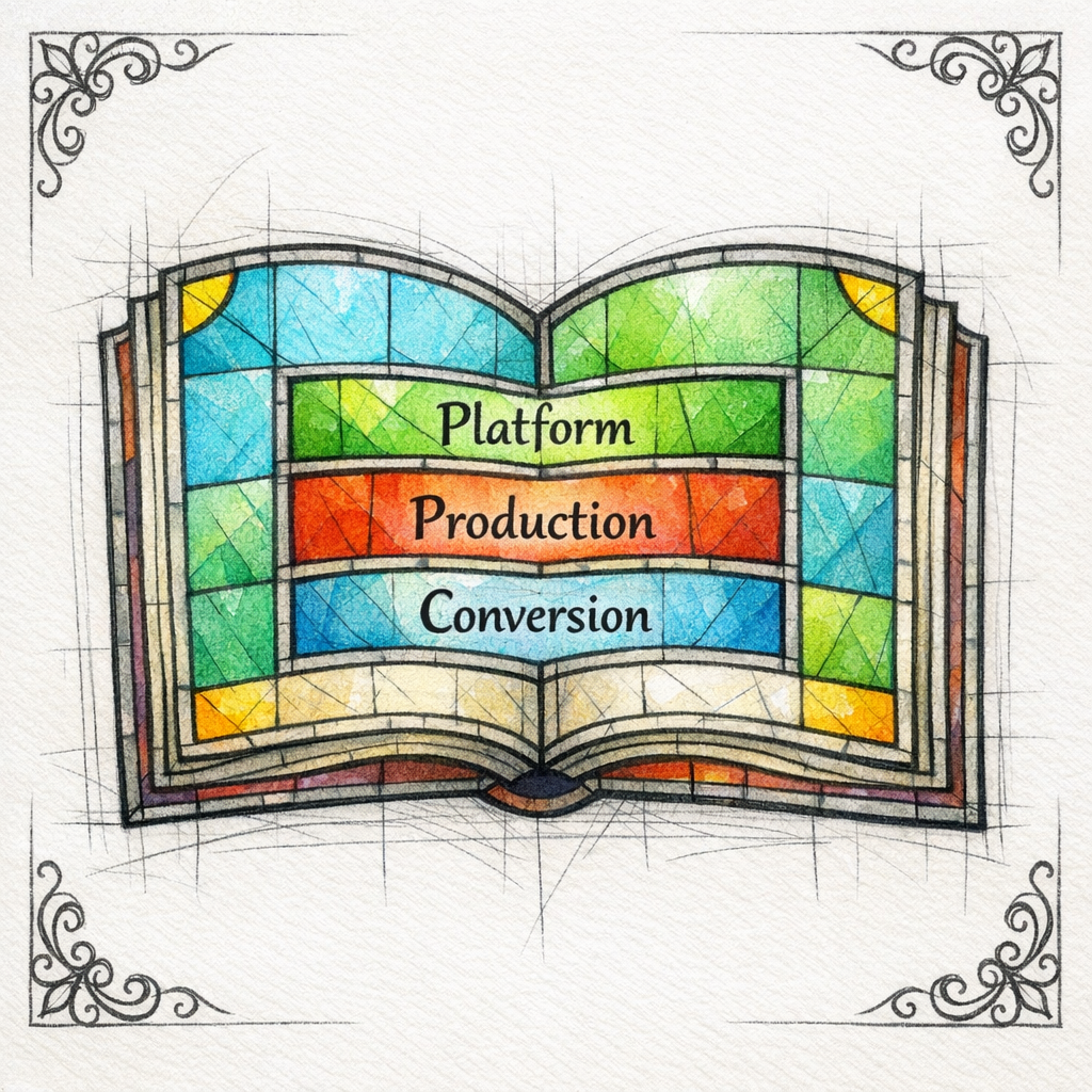 A stained-glass ledger reveals three cost buckets: platform, production, and conversion as stacked panes.