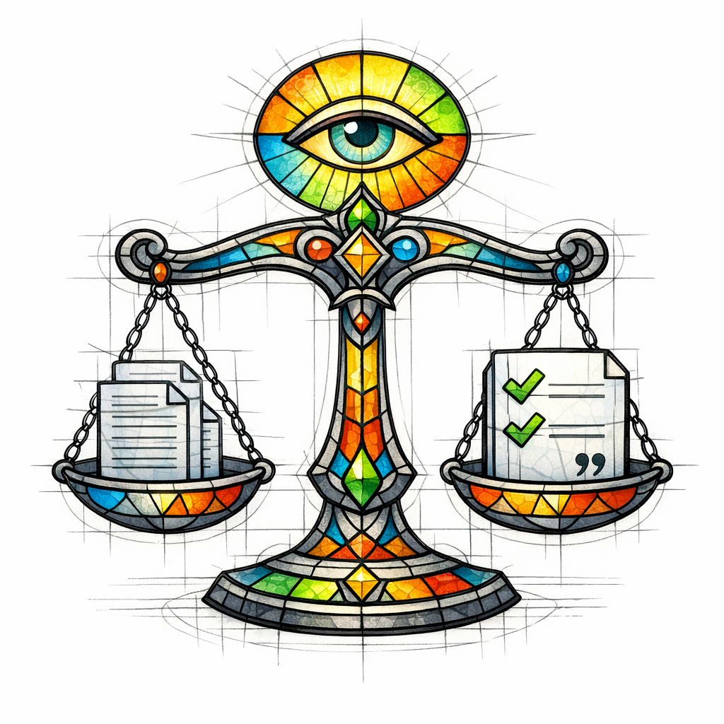 A stained-glass scale weighs a flimsy template page against a solid helpful page under a watchful eye.