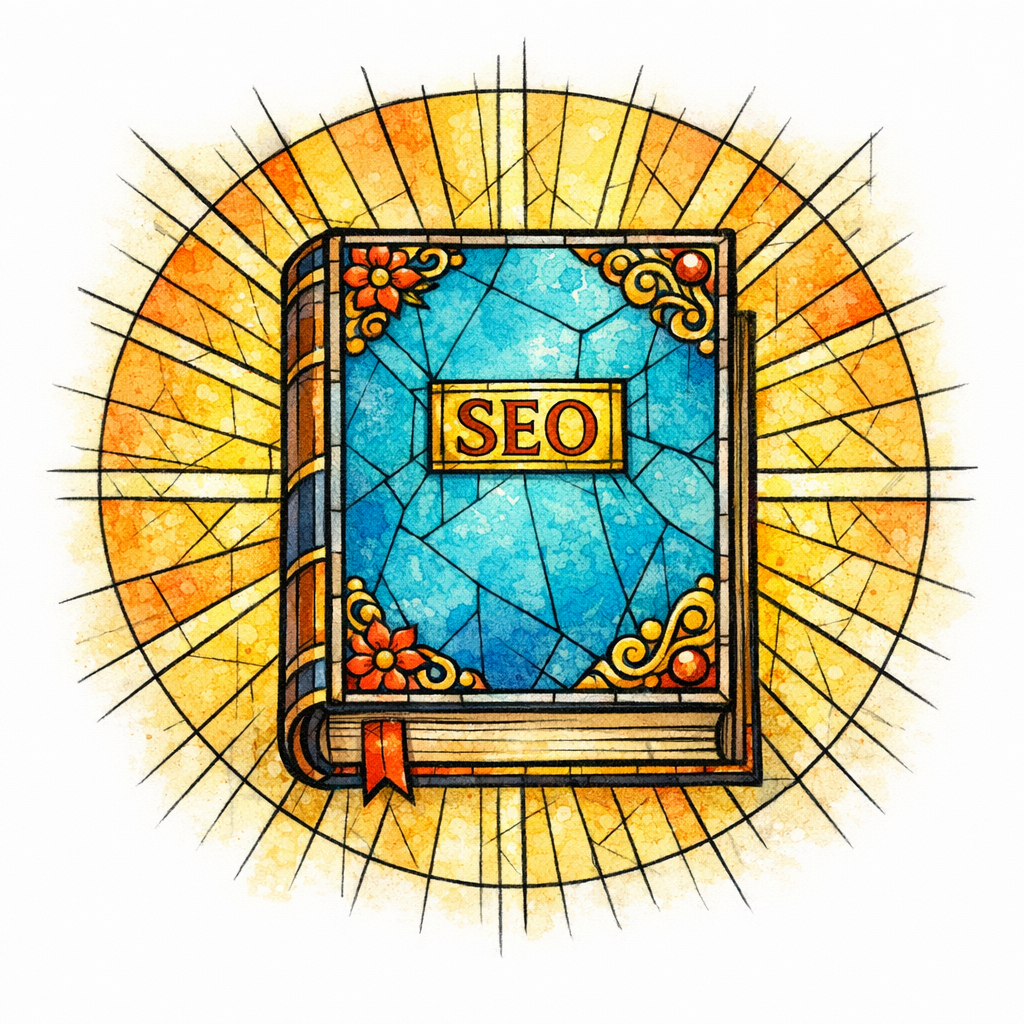 A stained-glass book emits rays of light to symbolize a playful SEO Bible and guidance.