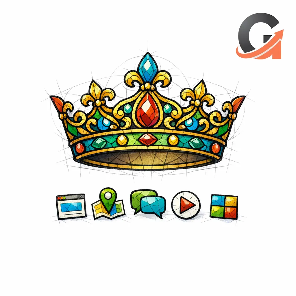 A stained-glass crown floats above small platform icons to represent omnipresence as the job in 2026.