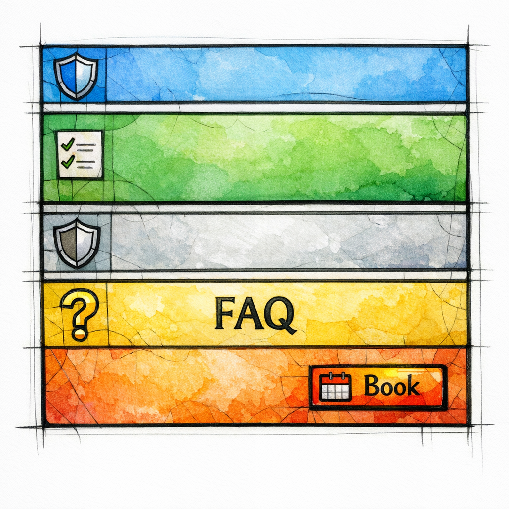 A stained-glass page wireframe highlights sections like process, trust, FAQs, and a book now block.