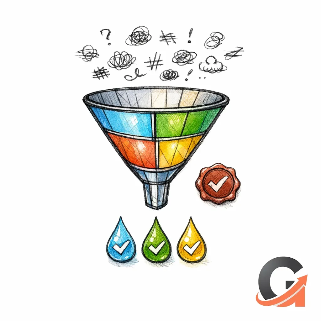 A stained-glass funnel filters messy claims into clean verified droplets with a checkmark seal.