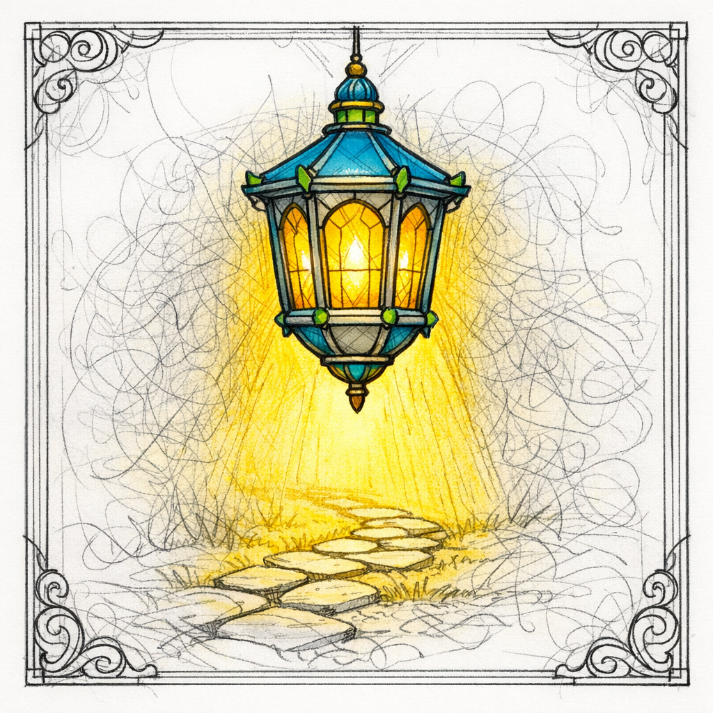 A lantern in stained glass casts a clear beam over messy scribbles, symbolizing plain language.