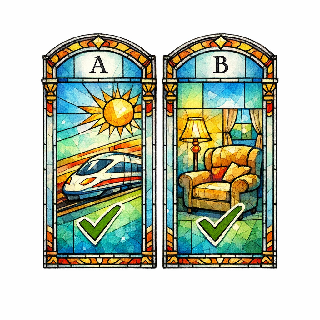 Two side-by-side panels show a clear A versus B verdict with use-case icons instead of vague neutrality.