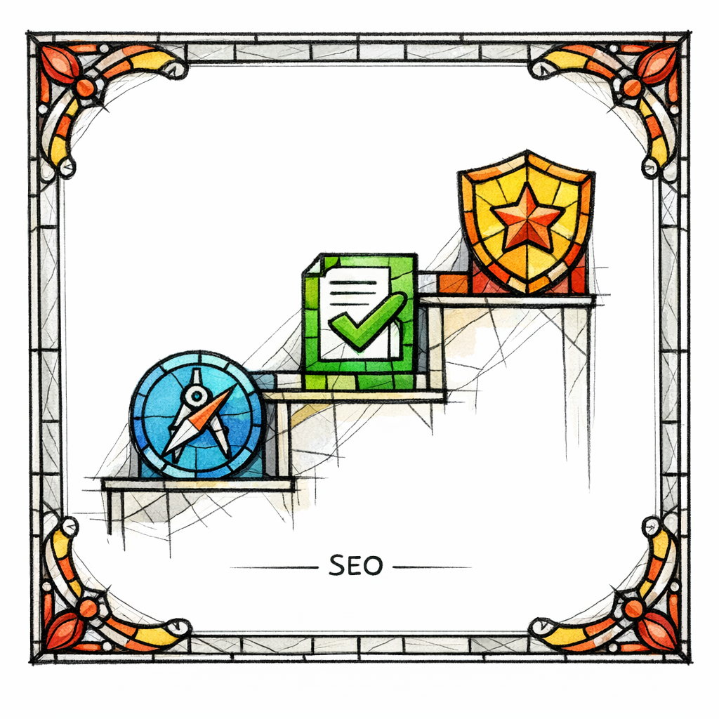 Three stained-glass steps stack in order: intent, accuracy, and trust, with icons guiding the refresh sequence.