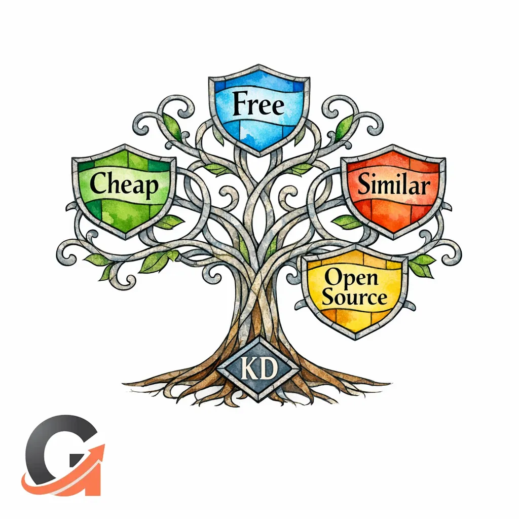 A stained-glass tree diagram maps one root keyword to branches like Free, Cheap, Similar, and Open Source.