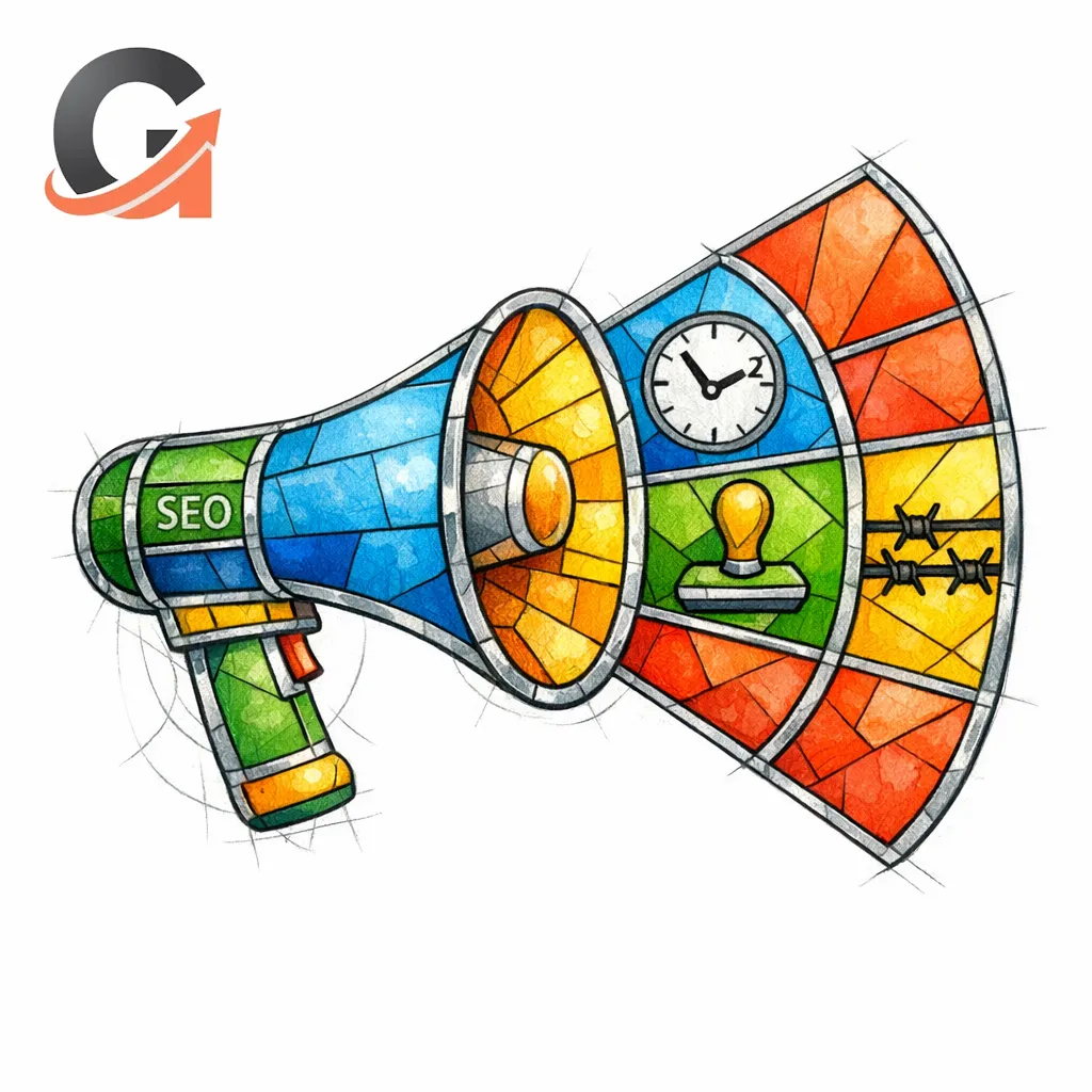 A stained-glass megaphone projects a clear service promise instead of decorative fluff.