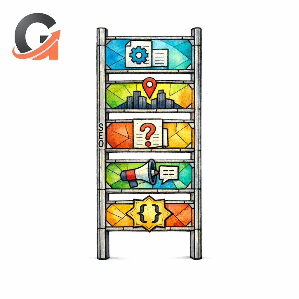 A stained-glass ladder shows the publish order from service pages to location pages to articles to profile posts to structured data.