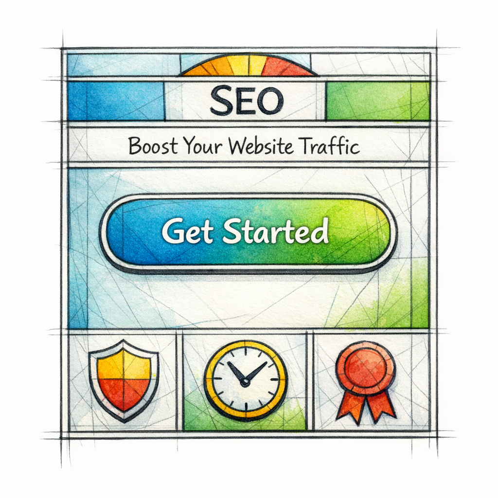 A stained-glass hero block highlights H1, primary action, and trust signals as the top priority.