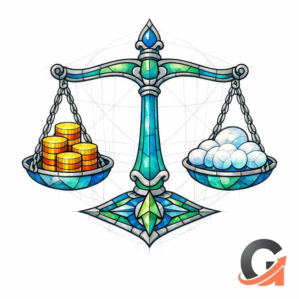 A stained-glass balance scale weighs revenue and intent against vanity volume, emphasizing smart prioritization.