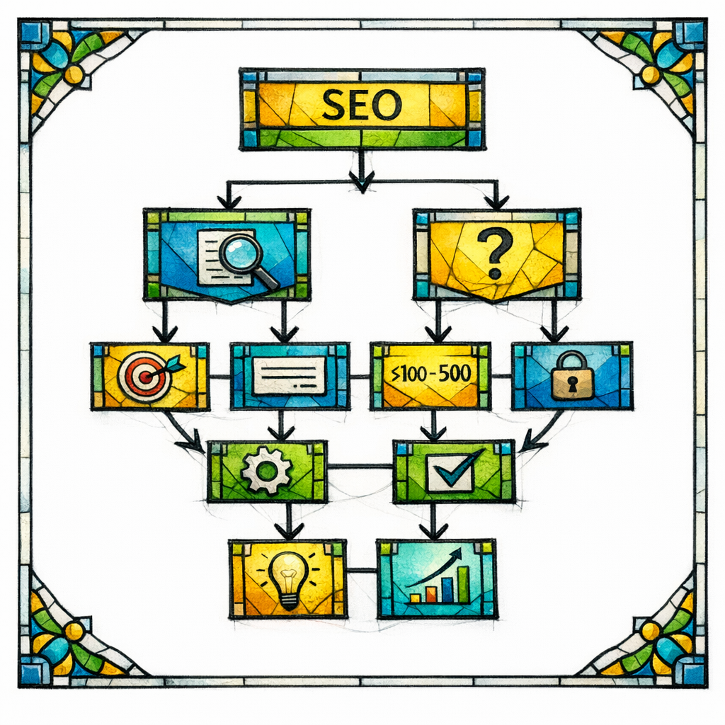 A stained-glass flowchart shows a template branching into unique blocks based on conditions.