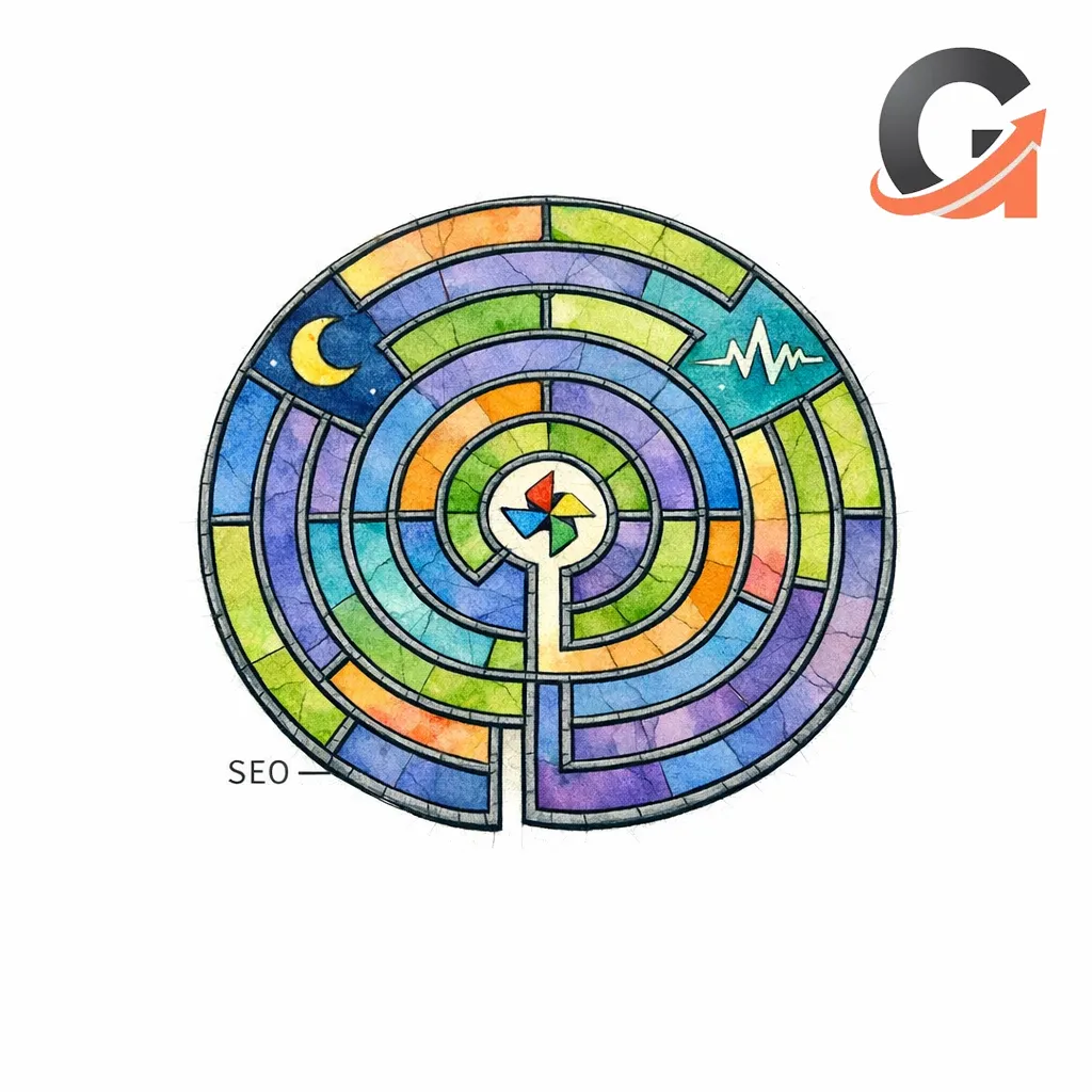 A stained-glass maze maps after-hours, overflow, and routing workflows into clear decision paths.
