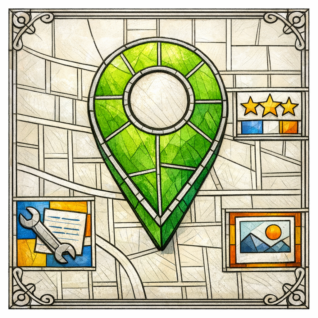 A stained-glass window shows a city map pin, job notes, and reviews as proof without doorway spam.