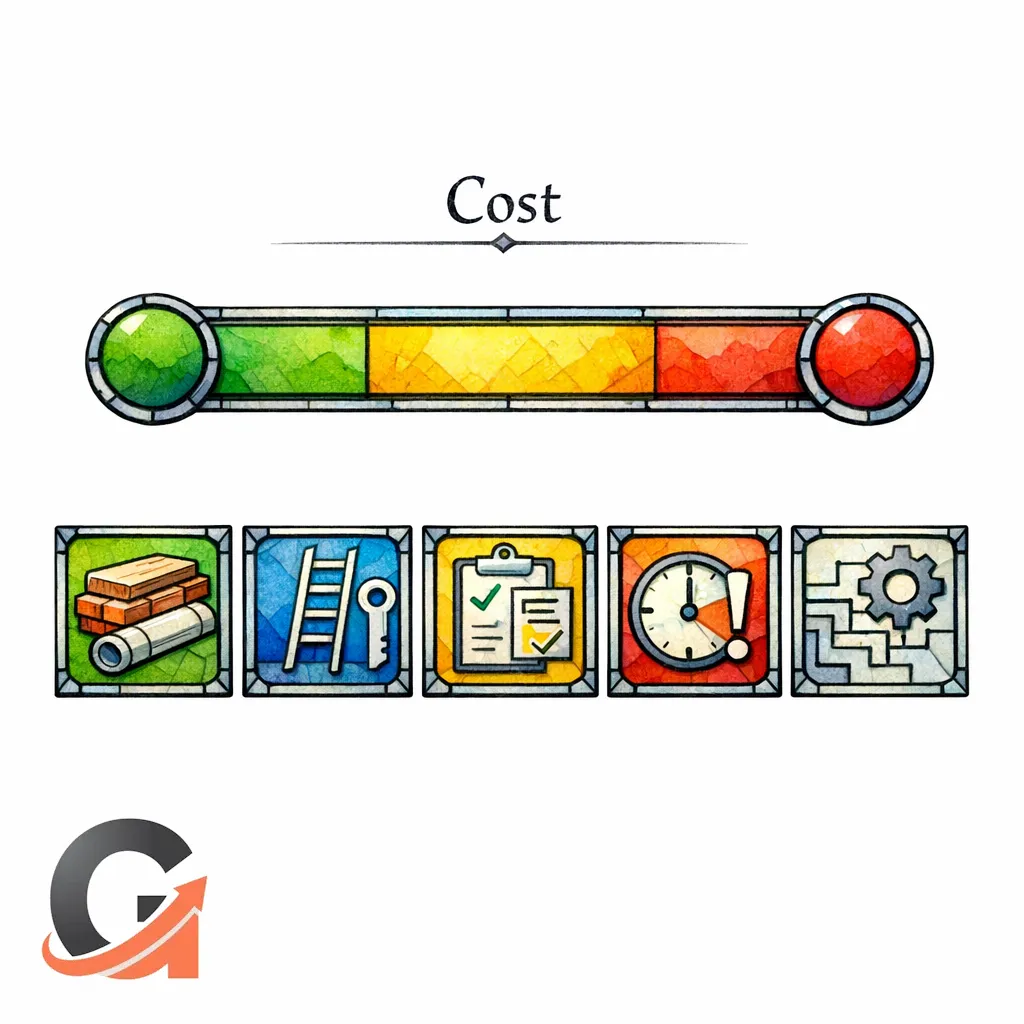 A stained-glass price range bar is paired with small icon tiles for cost drivers.