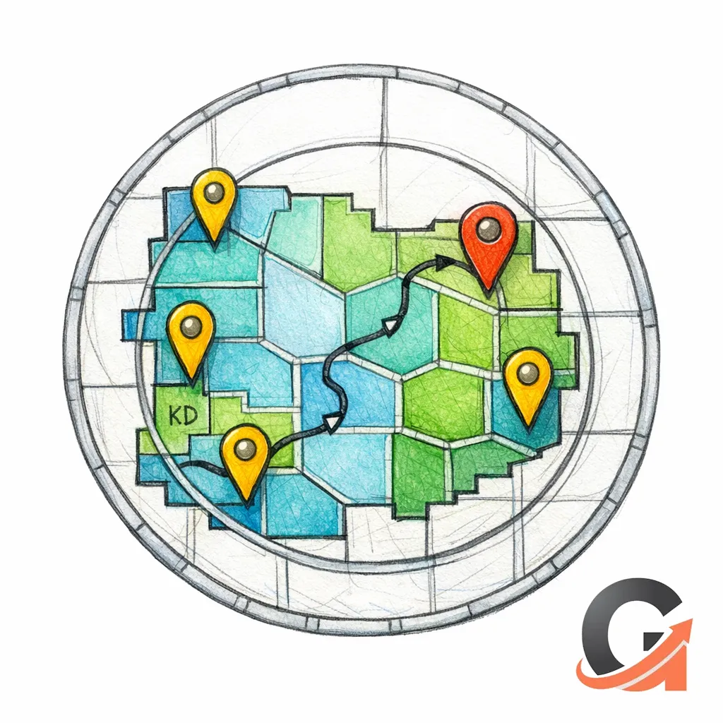 A stained-glass mini map with pins and ZIP blocks illustrates how to qualify service coverage clearly.