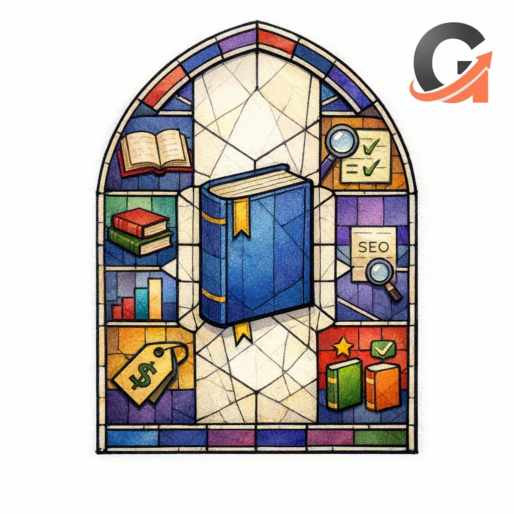 A cathedral-window library layout depicts a pillar page connected to clustered guides and decision pages.