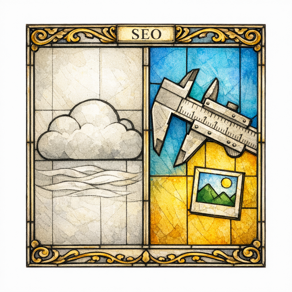 A stained-glass split panel contrasting vague adjectives with measured proof and specs.