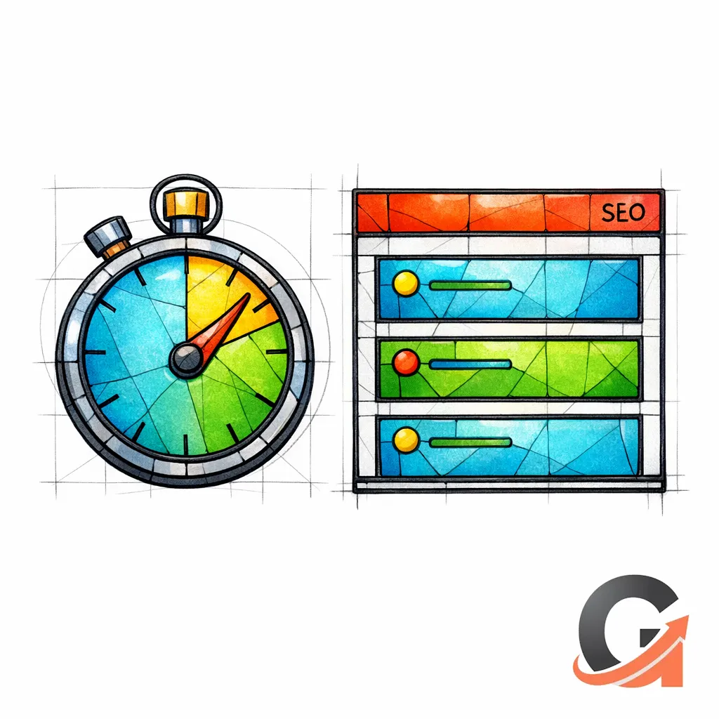 A stained-glass stopwatch points to a concise headline block and three bullet panes for fast intent confirmation.