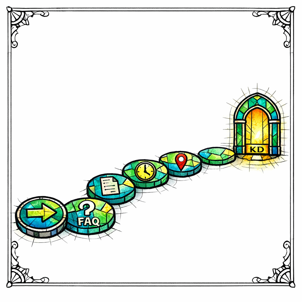 A stained glass pathway of stepping stones illustrates internal links guiding visitors toward a contact action.