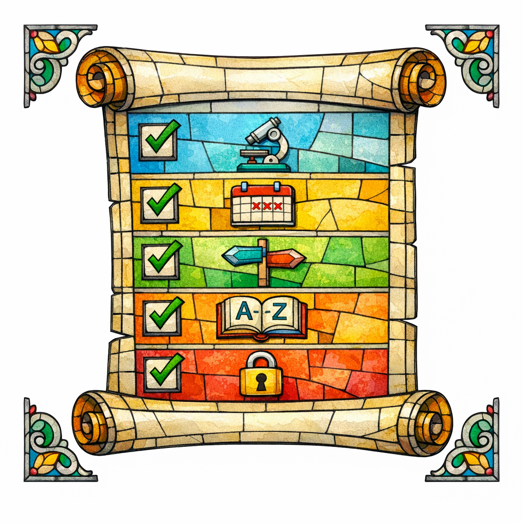 A stained-glass scroll shows a checklist of claim verification, outdated guidance, and privacy in icon form.