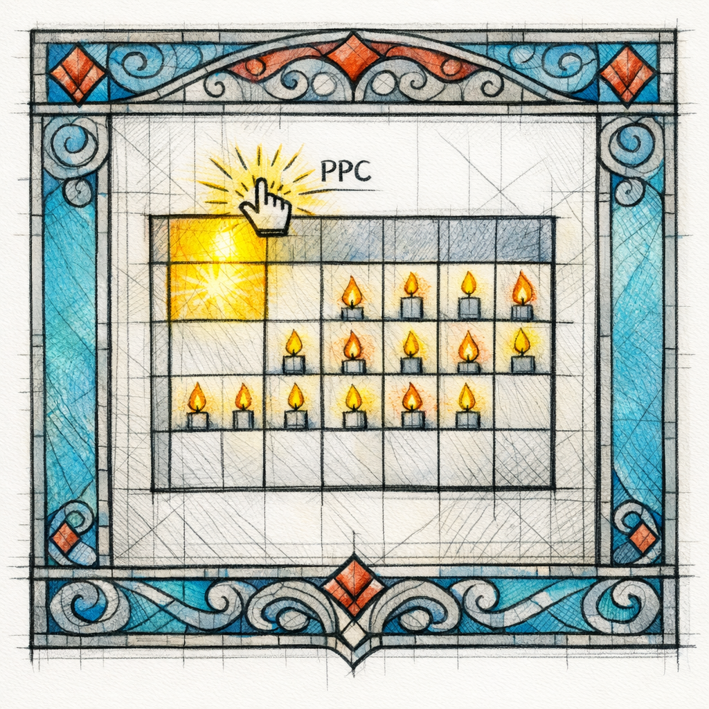 A stained-glass calendar shows instant clicks today while costs flicker like candles over the week.