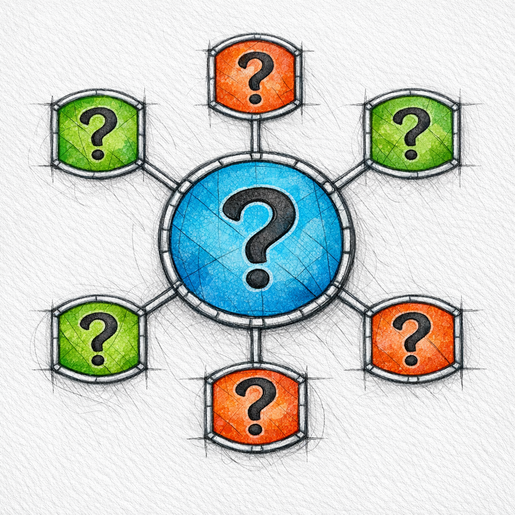 A stained-glass node network shows a pillar page connected to distinct supporting question nodes.