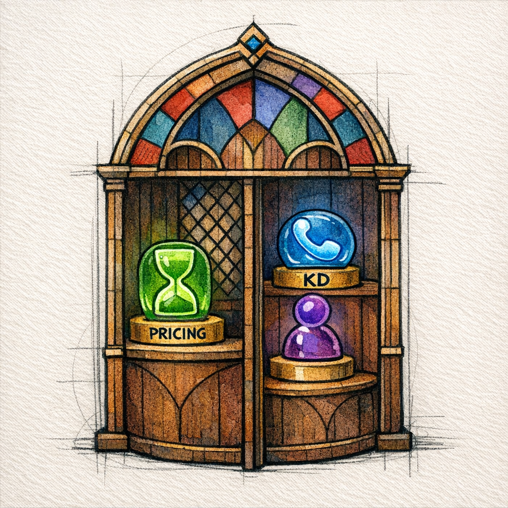 A stained-glass confessional booth symbolizes transparent pricing models and cost drivers.