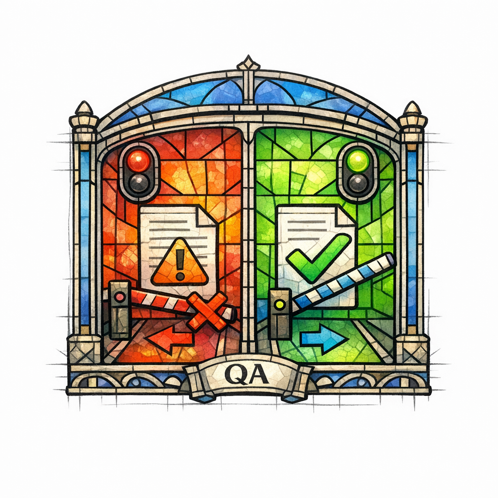 A stained-glass gate blocks thin pages while approved pages pass through with a checkmark.