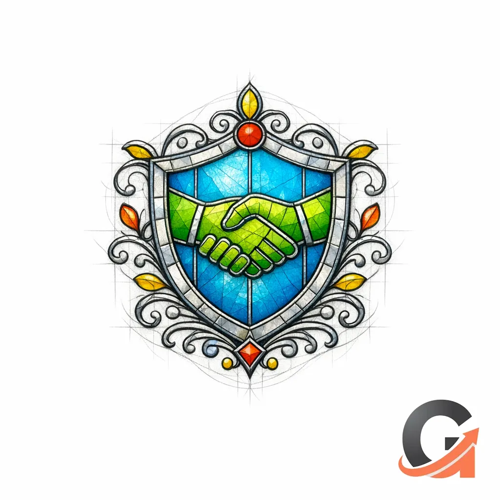 A shield and gentle handshake in stained glass convey trust and a calm next step for qualified leads.