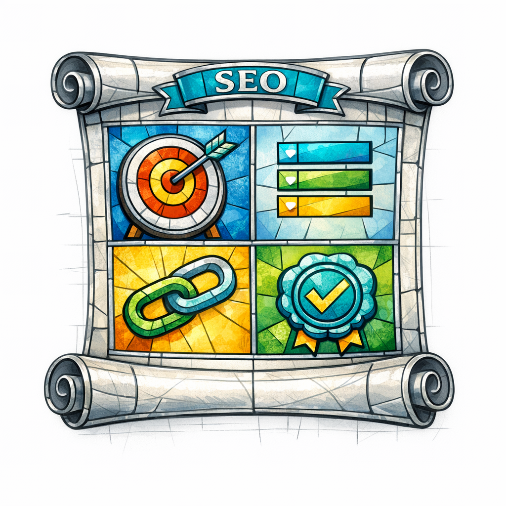 A stained-glass scroll shows the core parts of an SEO brief with icons for intent, outline, links, and review.
