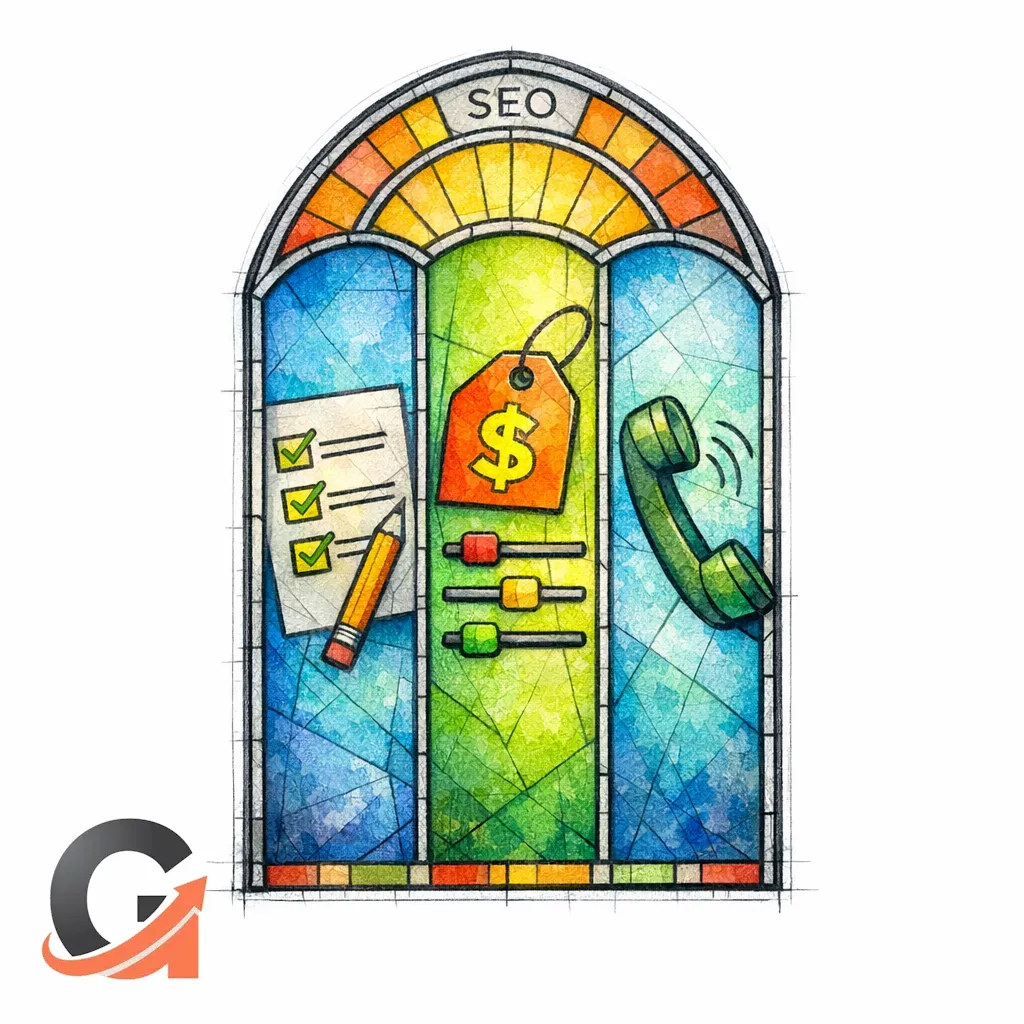 A stained-glass service page window highlights process, pricing factors, and schedule call as key conversion panes.