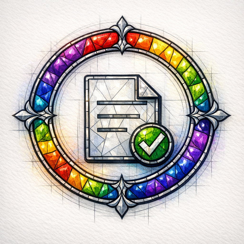 A glowing stained-glass halo encircles a document icon to represent trust and safety as the priority.
