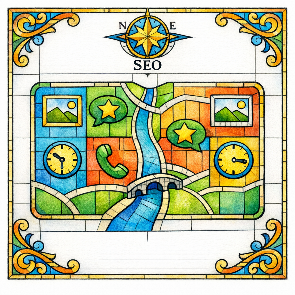 A stained-glass map mosaic shows two city landing pages with local proof icons and clear call buttons.