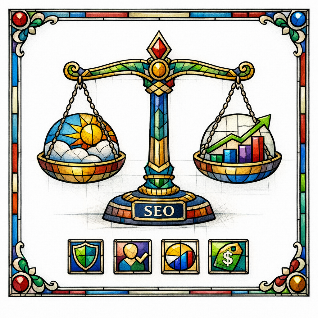 A stained-glass balance scale compares two service models with clear criteria panels.