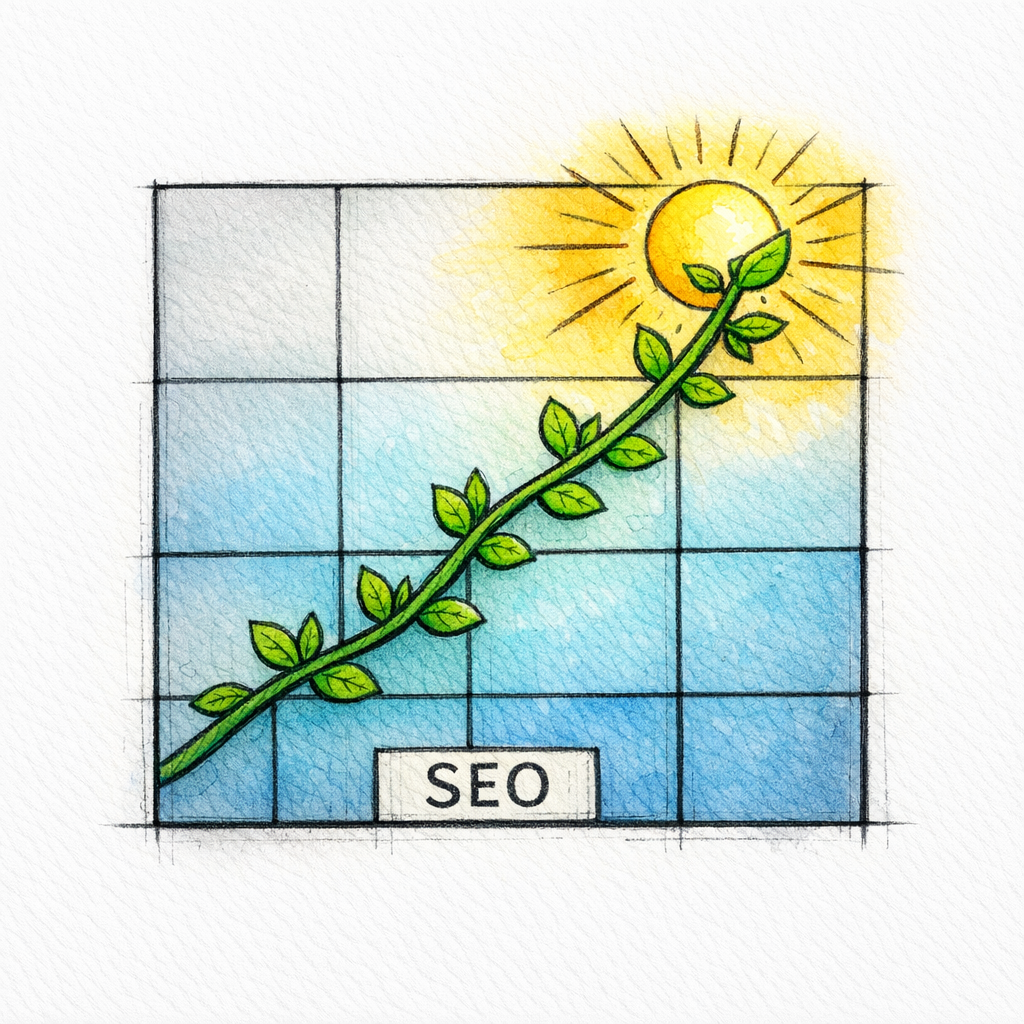 A stained-glass vine grows upward into a chart, illustrating compounding organic leads over months.