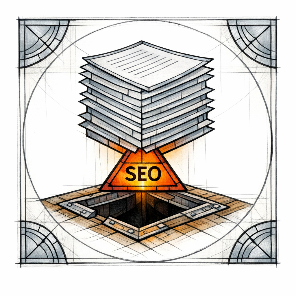 A stained-glass trapdoor under duplicated pages warns against doorway patterns in local SEO.