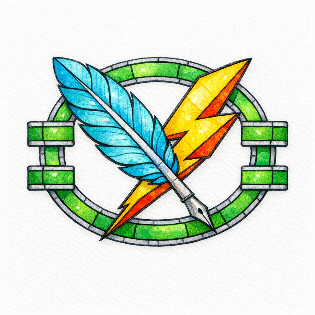 A quill and lightning bolt sit inside stained-glass guardrails, showing speed without sacrificing standards.